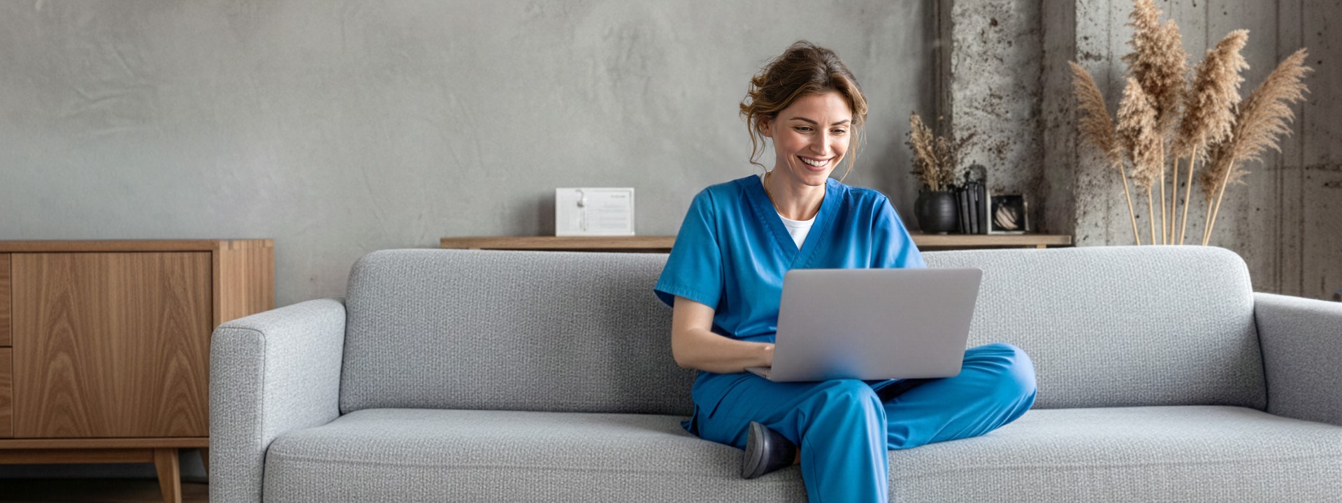 Medizintechnische Wissenschaften Slider Startseite Frau mit Laptop und in blauer Arbeitskleidung sitzt auf einem Sofa
